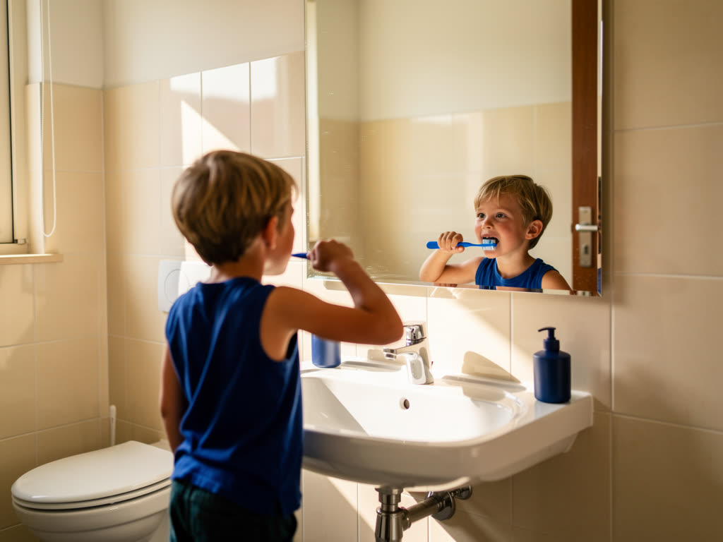 Kind poetst zijn tanden voor de badkamerspiegel met een blauwe tandenborstel