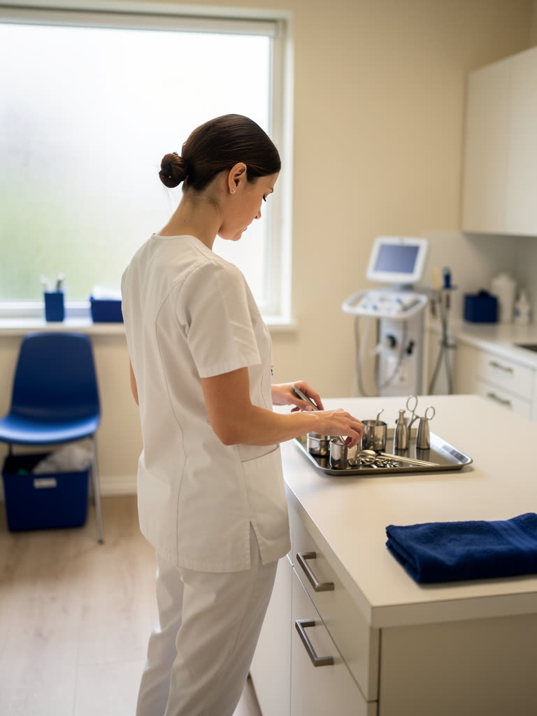 Mondhygiëniste aan het werk in de behandelkamer van Mondzorg Soestdijk in Soest
