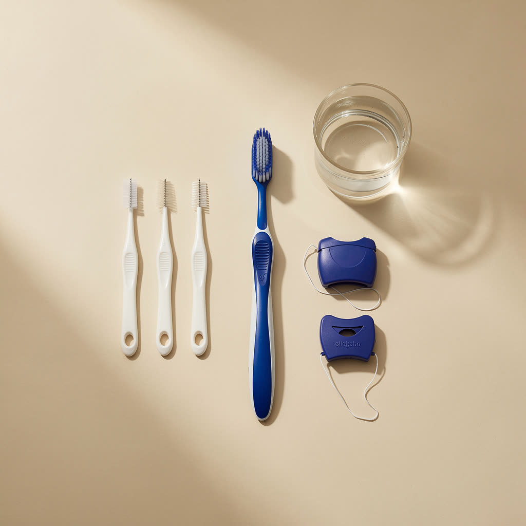 Flatlay met tandenborstel, ragers, flosdraad en een glas water op een ivoorkleurige ondergrond